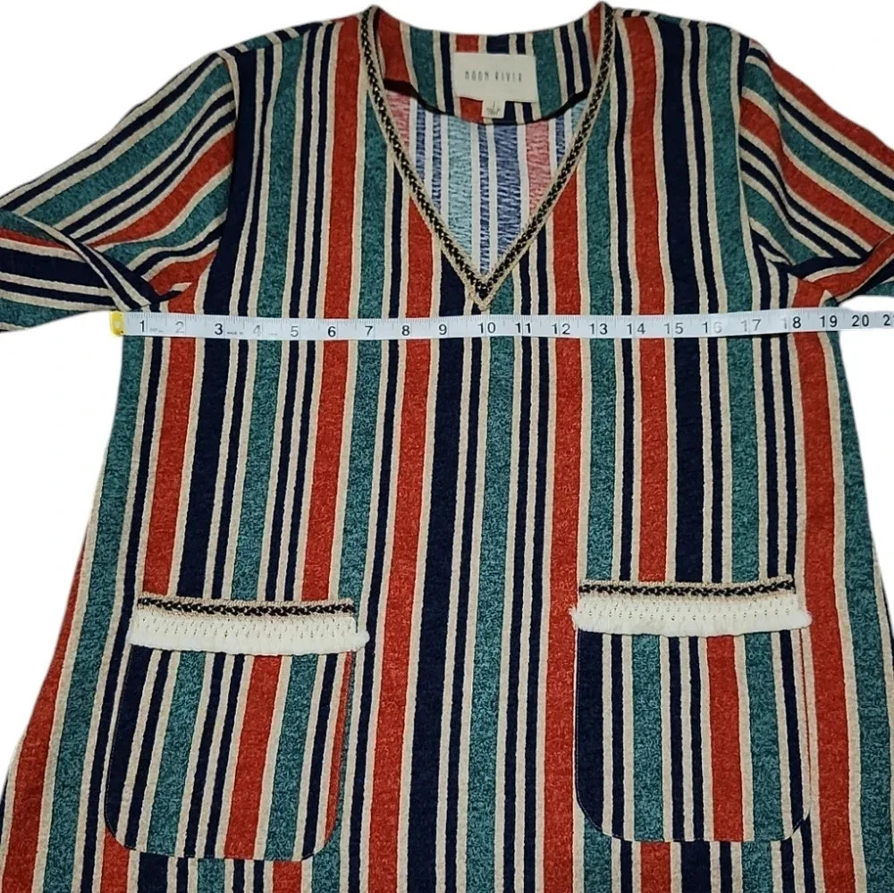Moon River Striped Tunic Top S Boho Festival V Neck Pocket Blouse - Picture 5 of 7